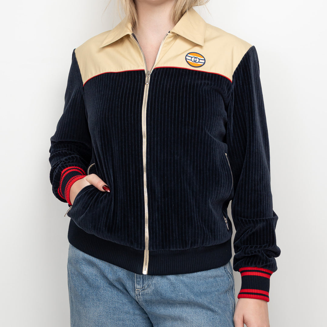 Gucci Beige Cotton and Navy Corduroy Bomber Jacket Size S