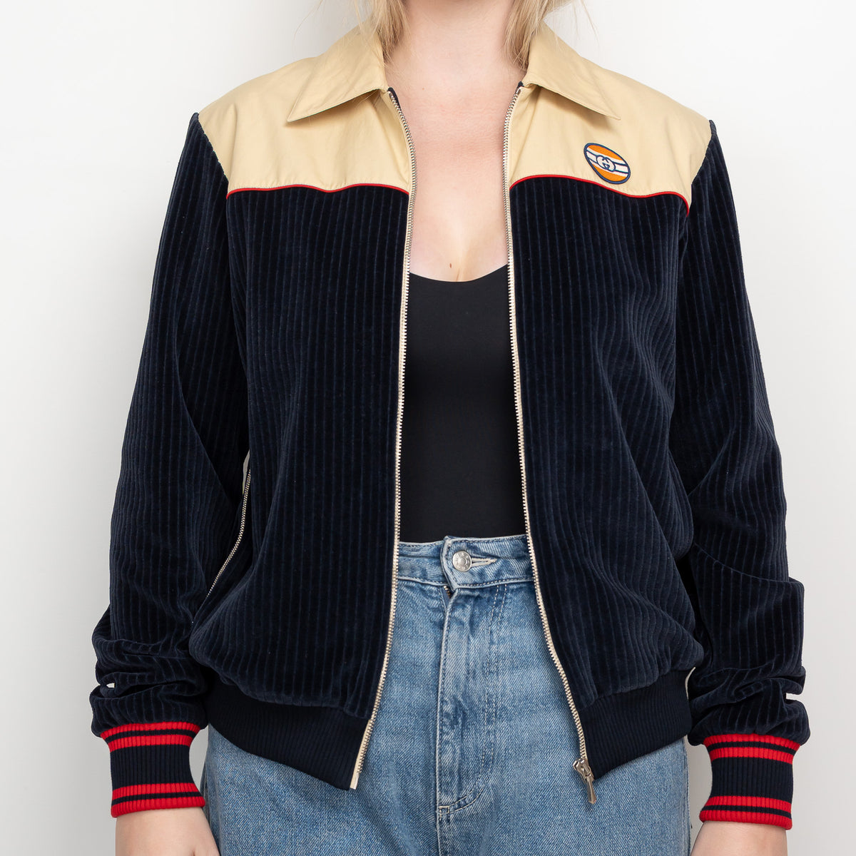 Gucci Beige Cotton and Navy Corduroy Bomber Jacket Size S