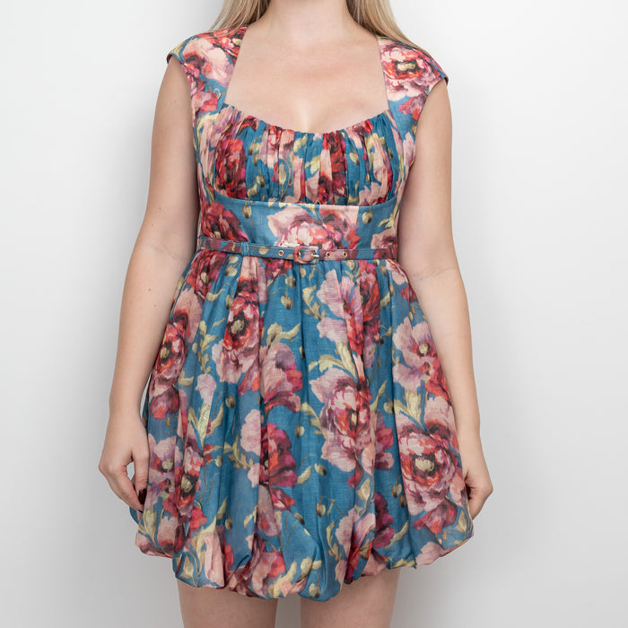 Zimmerman Blue and Pink Multicolour Linen and Silk Floral Dress Size 3