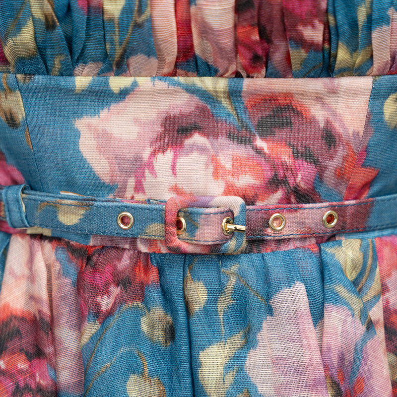 Zimmerman Blue and Pink Multicolour Linen and Silk Floral Dress Size 3