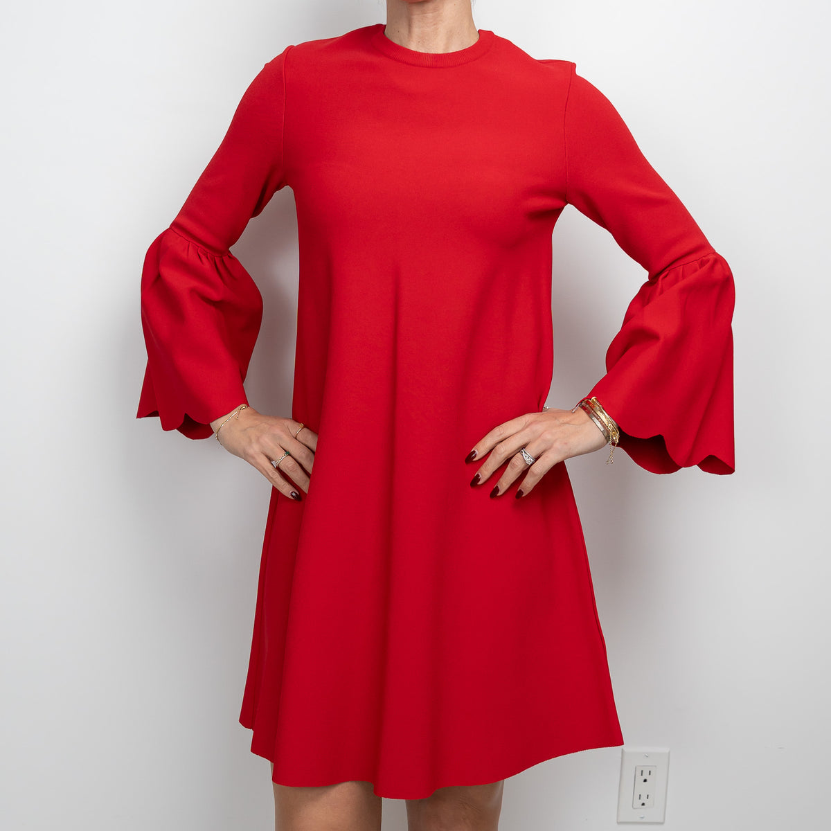Valentino Red Long Scalloped Sleeved Dress Size M