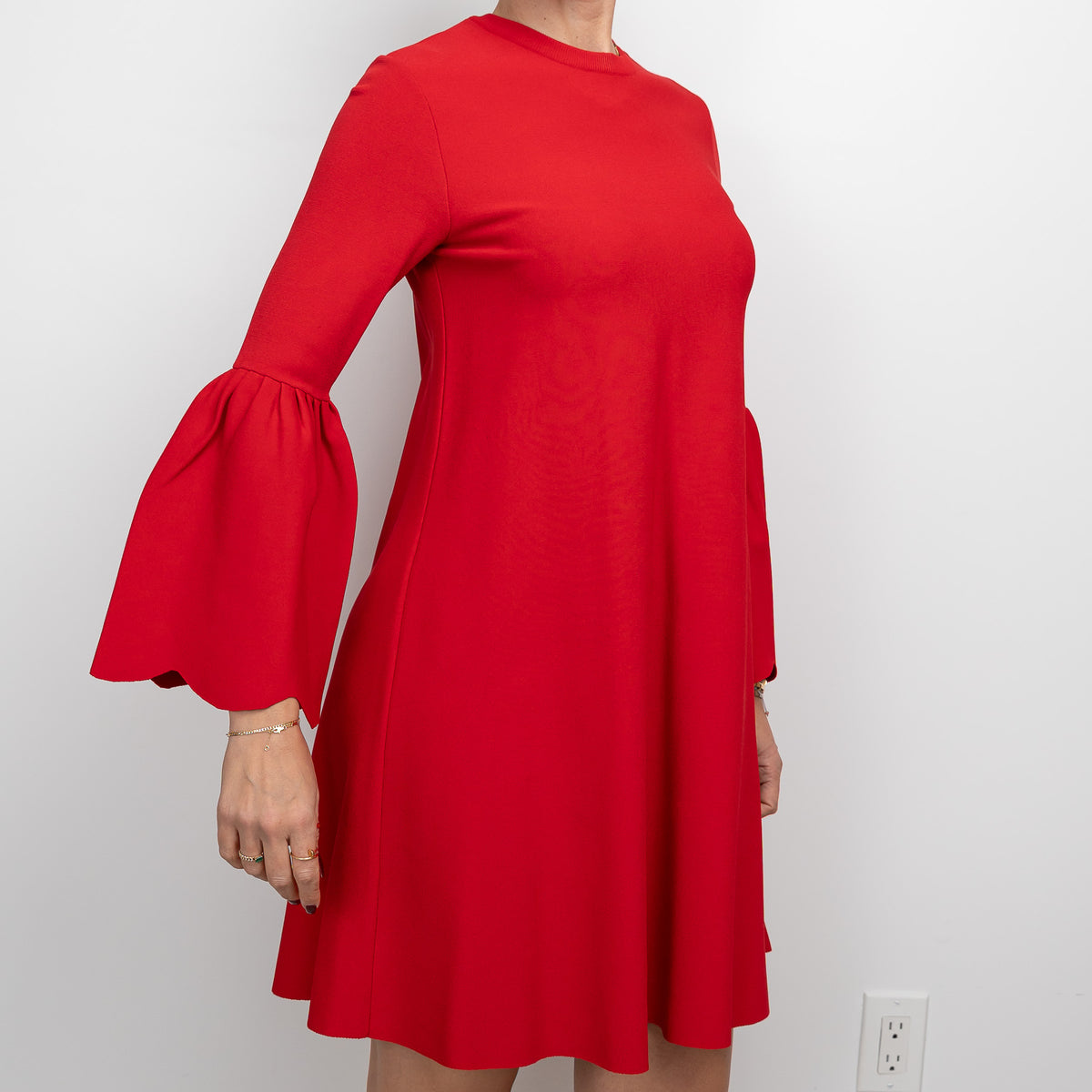 Valentino Red Long Scalloped Sleeved Dress Size M