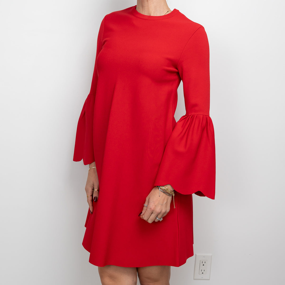 Valentino Red Long Scalloped Sleeved Dress Size M