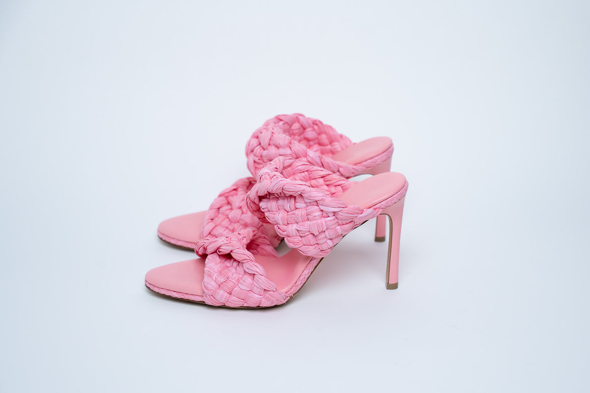 Bottega Veneta Woven Raffia Pink Heeled Sandals Size 39.5