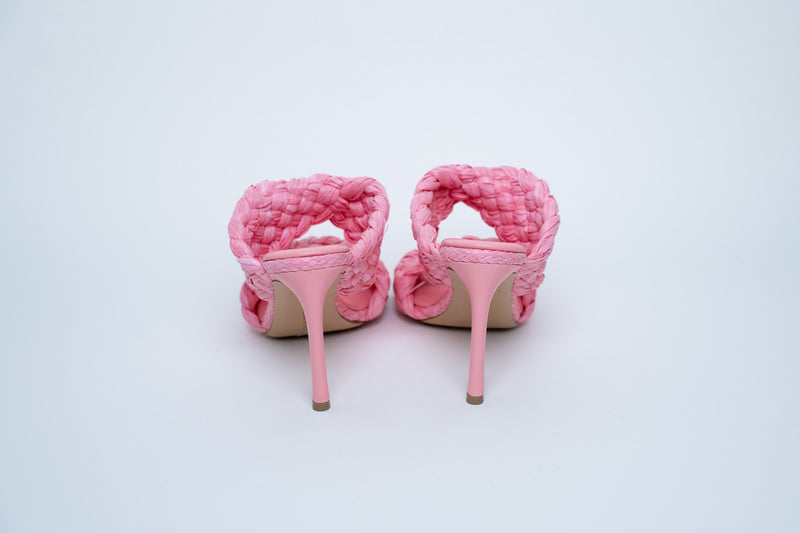 Bottega Veneta Woven Raffia Pink Heeled Sandals Size 39.5