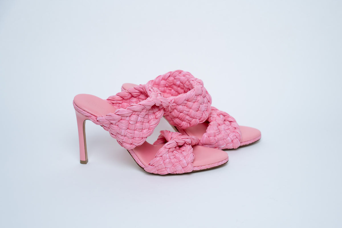 Bottega Veneta Woven Raffia Pink Heeled Sandals Size 39.5