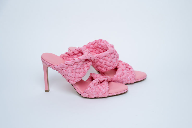 Bottega Veneta Woven Raffia Pink Heeled Sandals Size 39.5