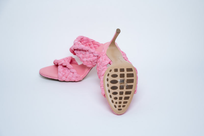 Bottega Veneta Woven Raffia Pink Heeled Sandals Size 39.5