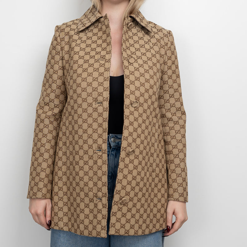 Gucci Beige GG Supreme Monogram Canvas Long Jacket Size 40
