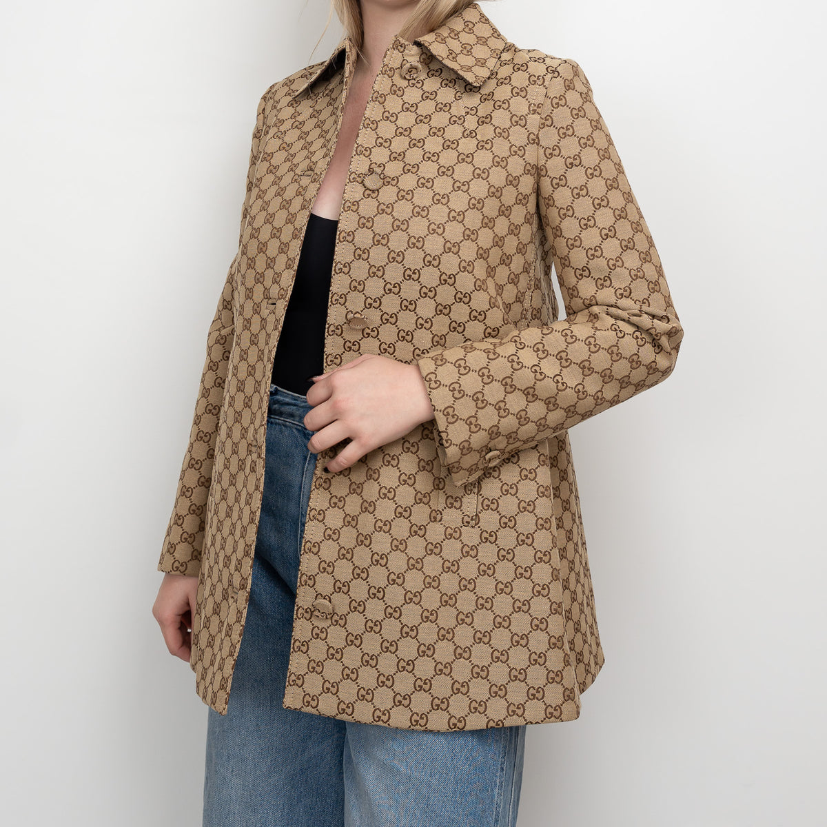 Gucci Beige GG Supreme Monogram Canvas Long Jacket Size 40