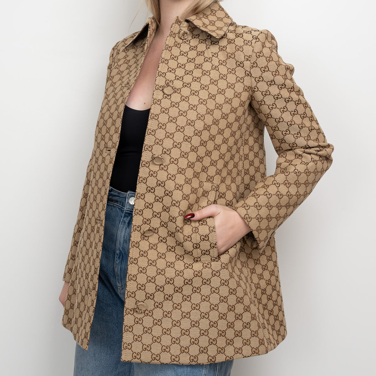 Gucci Beige GG Supreme Monogram Canvas Long Jacket Size 40