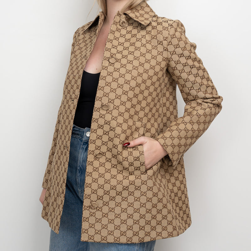 Gucci Beige GG Supreme Monogram Canvas Long Jacket Size 40