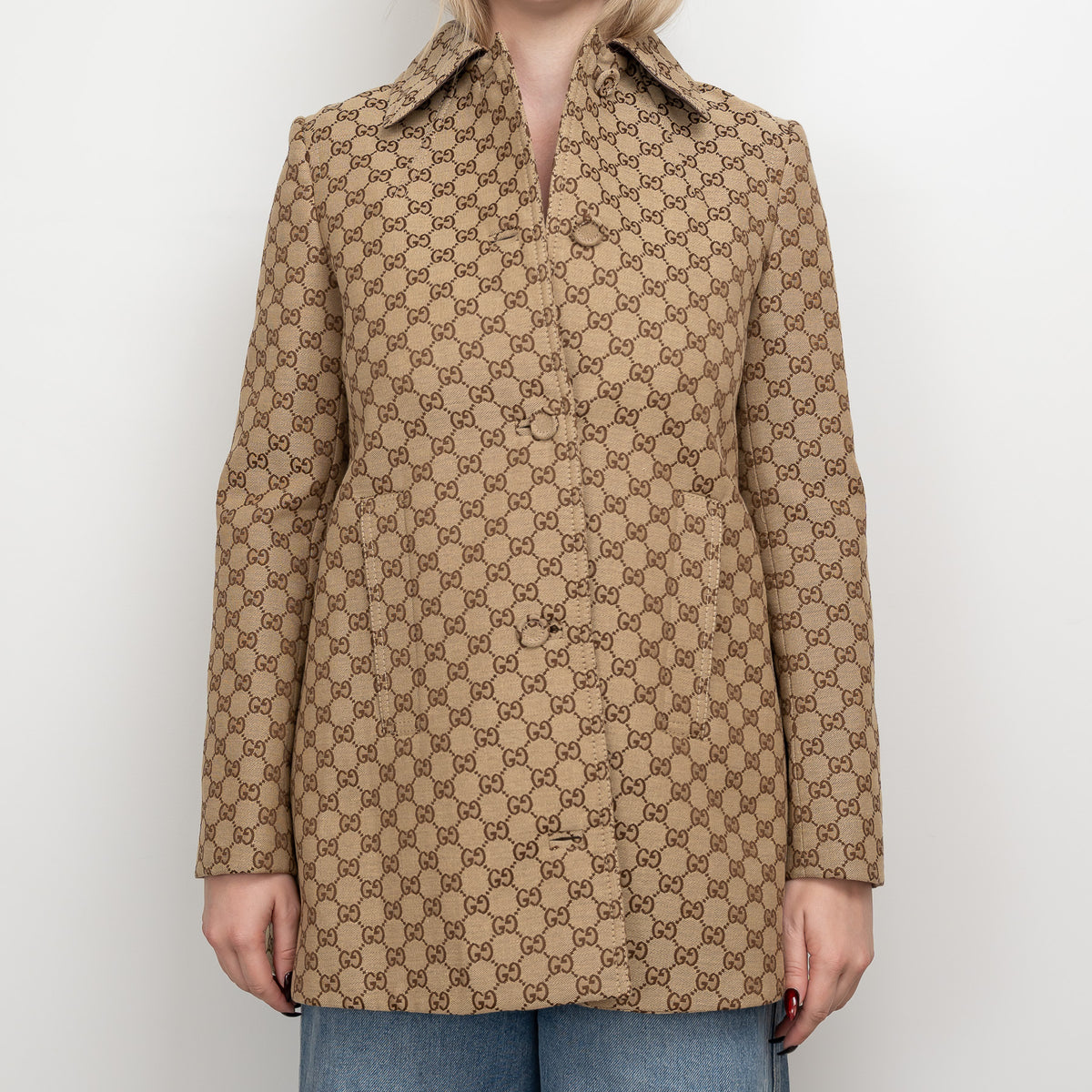 Gucci Beige GG Supreme Monogram Canvas Long Jacket Size 40