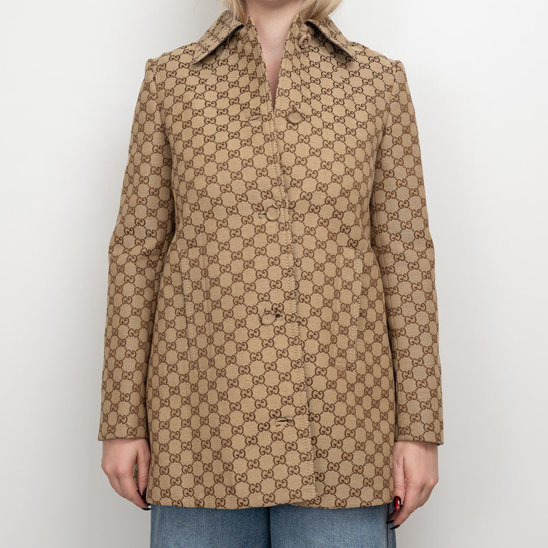 Gucci Beige GG Supreme Monogram Canvas Long Jacket Size 40