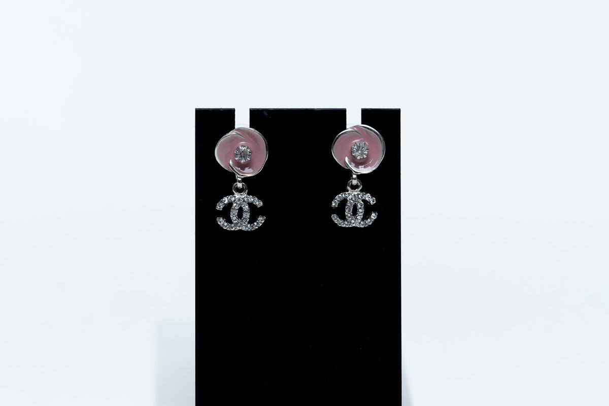 pink enamel camellia earrings with logo drop (front)