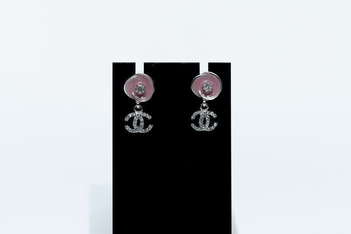 pink enamel camellia earrings with logo drop (front)