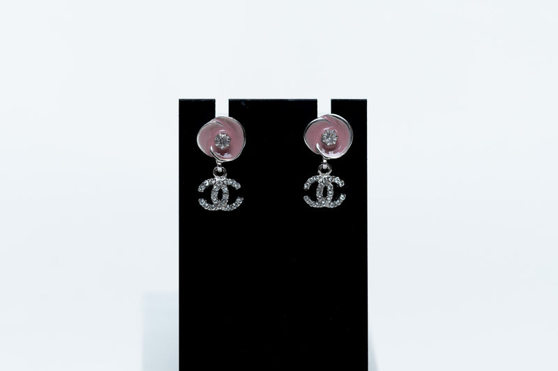 pink enamel camellia earrings with logo drop (front)