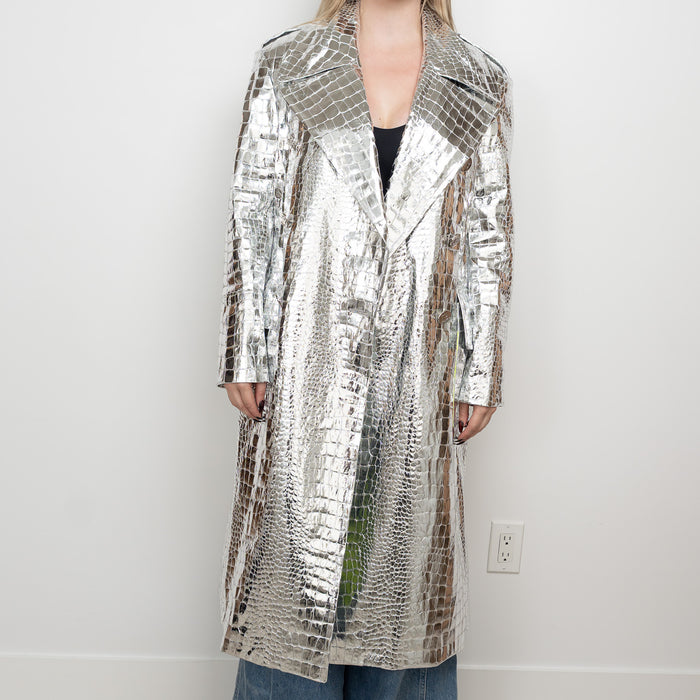 Balman Metallic Silver Embossed Croc Fabric Trench Coat Size 38