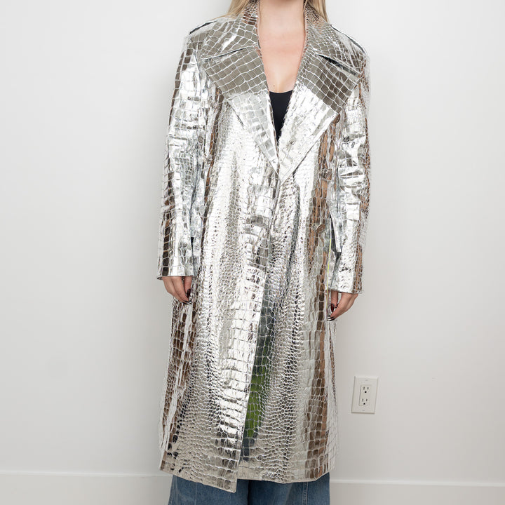 Balmain Metallic Silver Embossed Croc Fabric Trench Coat Size 38