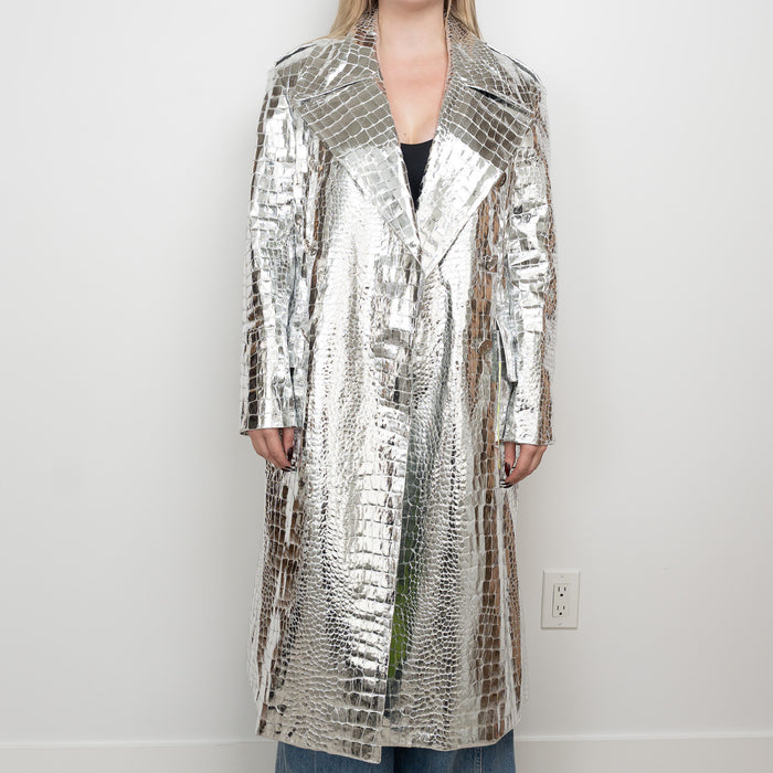 Balman Metallic Silver Embossed Croc Fabric Trench Coat Size 38
