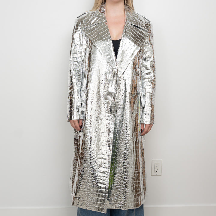 Balmain Metallic Silver Embossed Croc Fabric Trench Coat Size 38