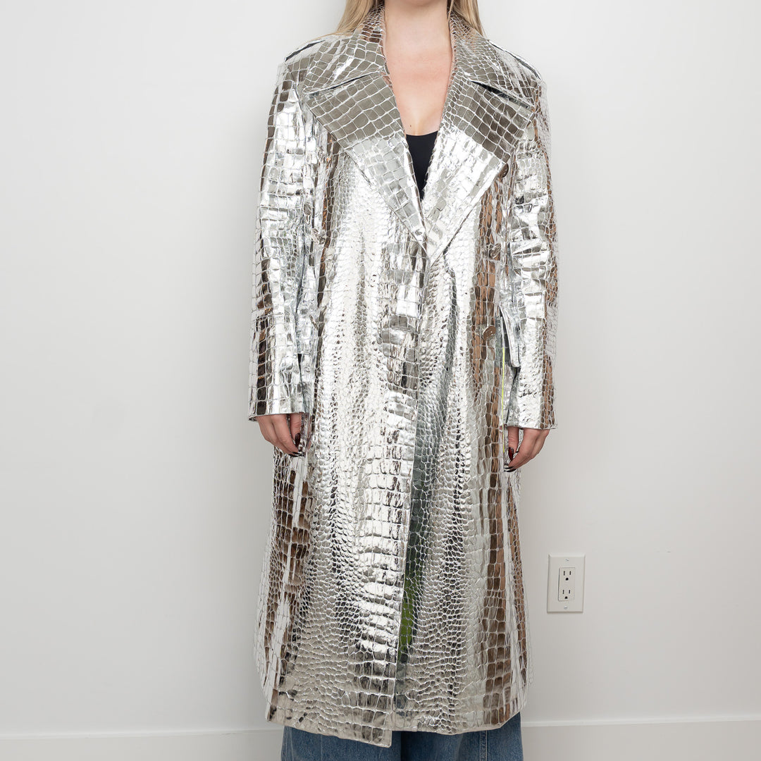 Balmain Metallic Silver Embossed Croc Fabric Trench Coat Size 38