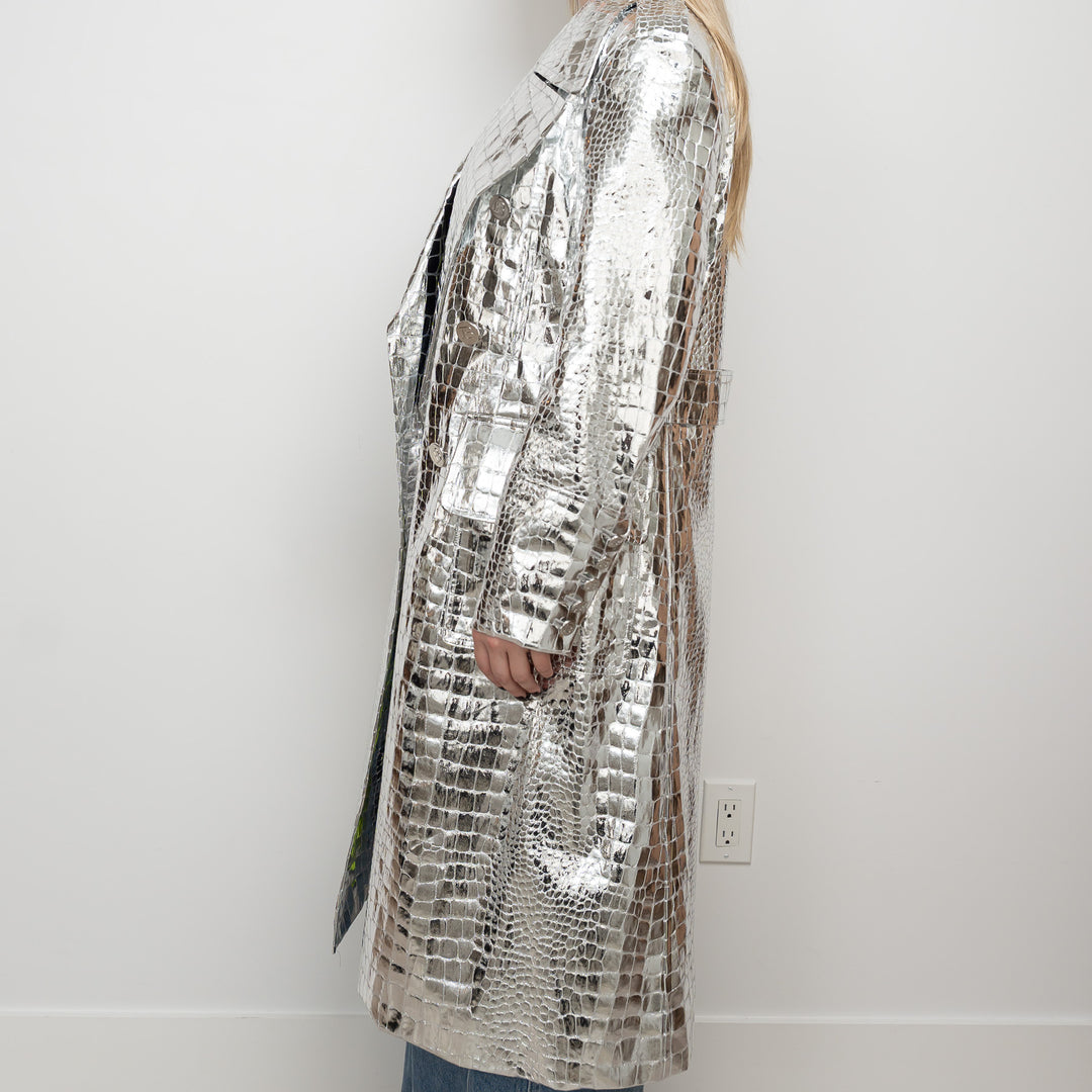 Balmain Metallic Silver Embossed Croc Fabric Trench Coat Size 38