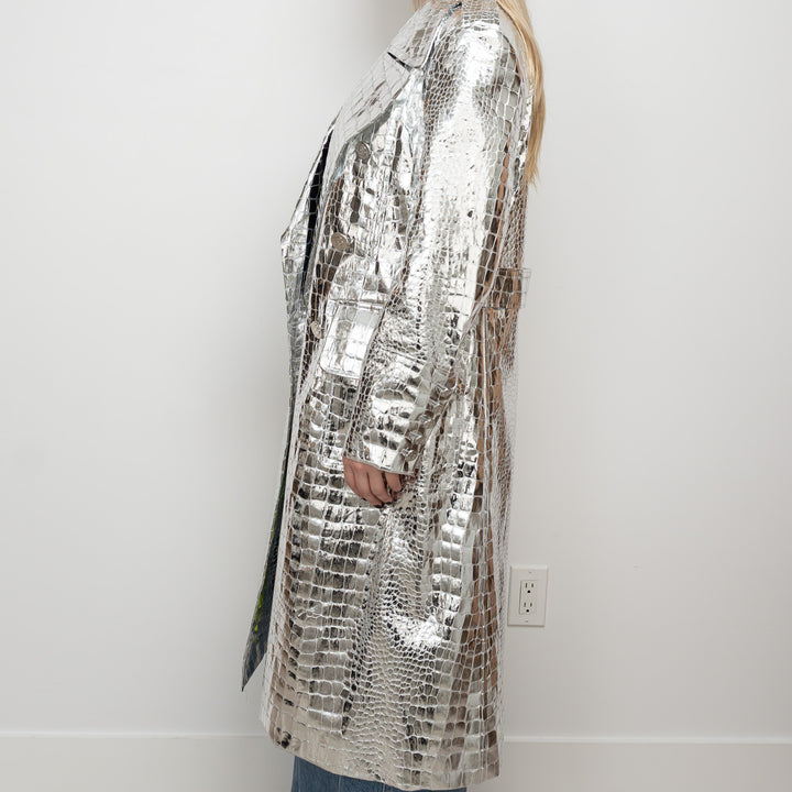 Balmain Metallic Silver Embossed Croc Fabric Trench Coat Size 38