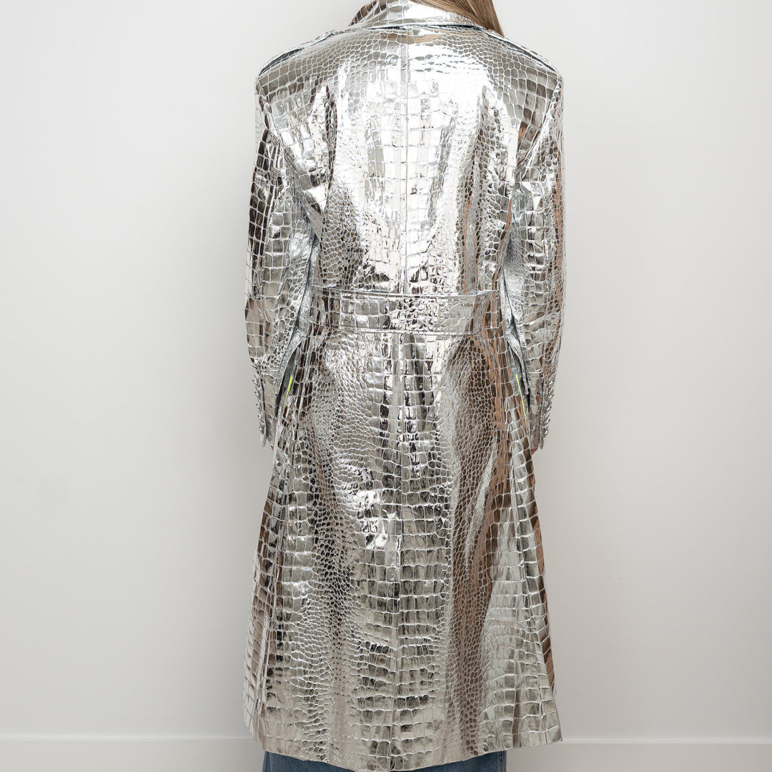 Balmain Metallic Silver Embossed Croc Fabric Trench Coat Size 38