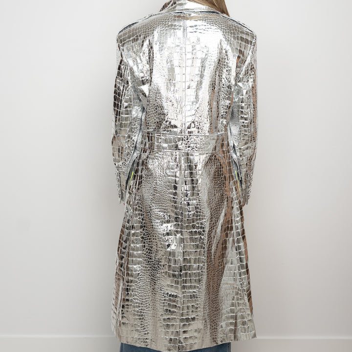 Balmain Metallic Silver Embossed Croc Fabric Trench Coat Size 38