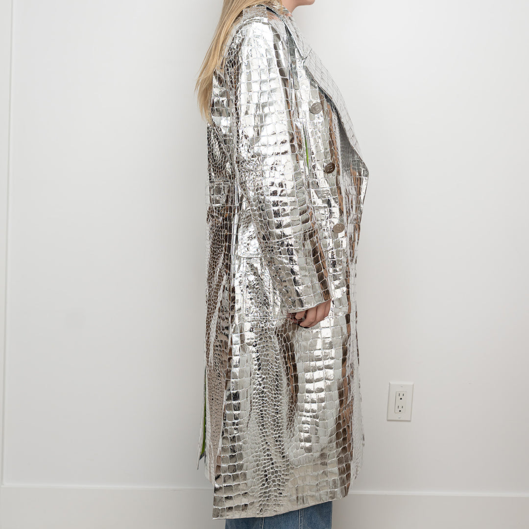 Balmain Metallic Silver Embossed Croc Fabric Trench Coat Size 38
