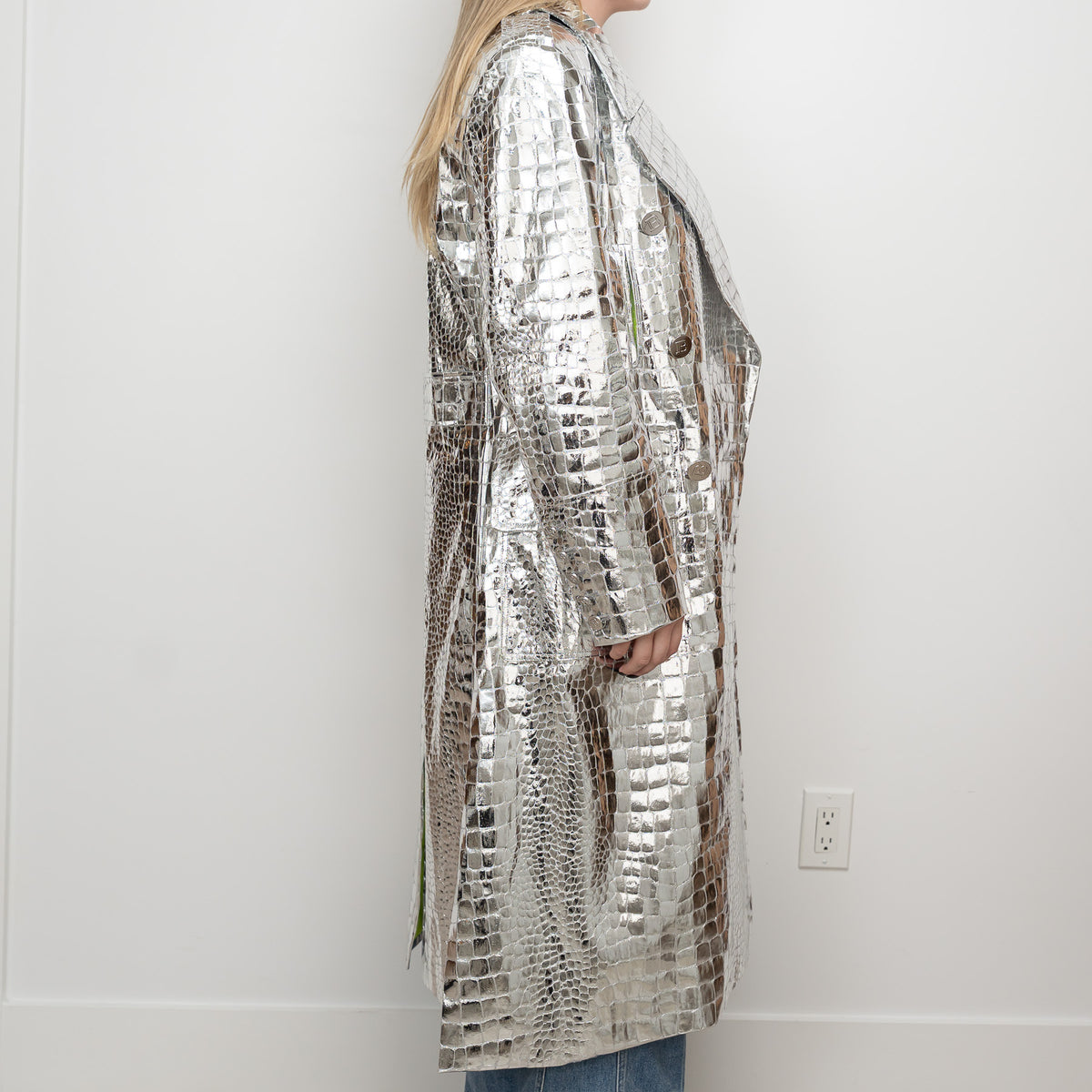 Balman Metallic Silver Embossed Croc Fabric Trench Coat Size 38