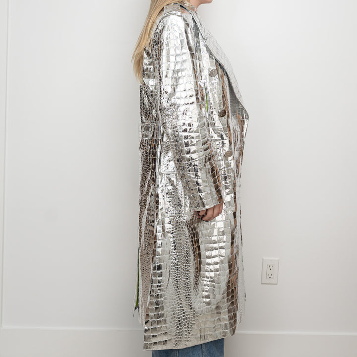 Balmain Metallic Silver Embossed Croc Fabric Trench Coat Size 38