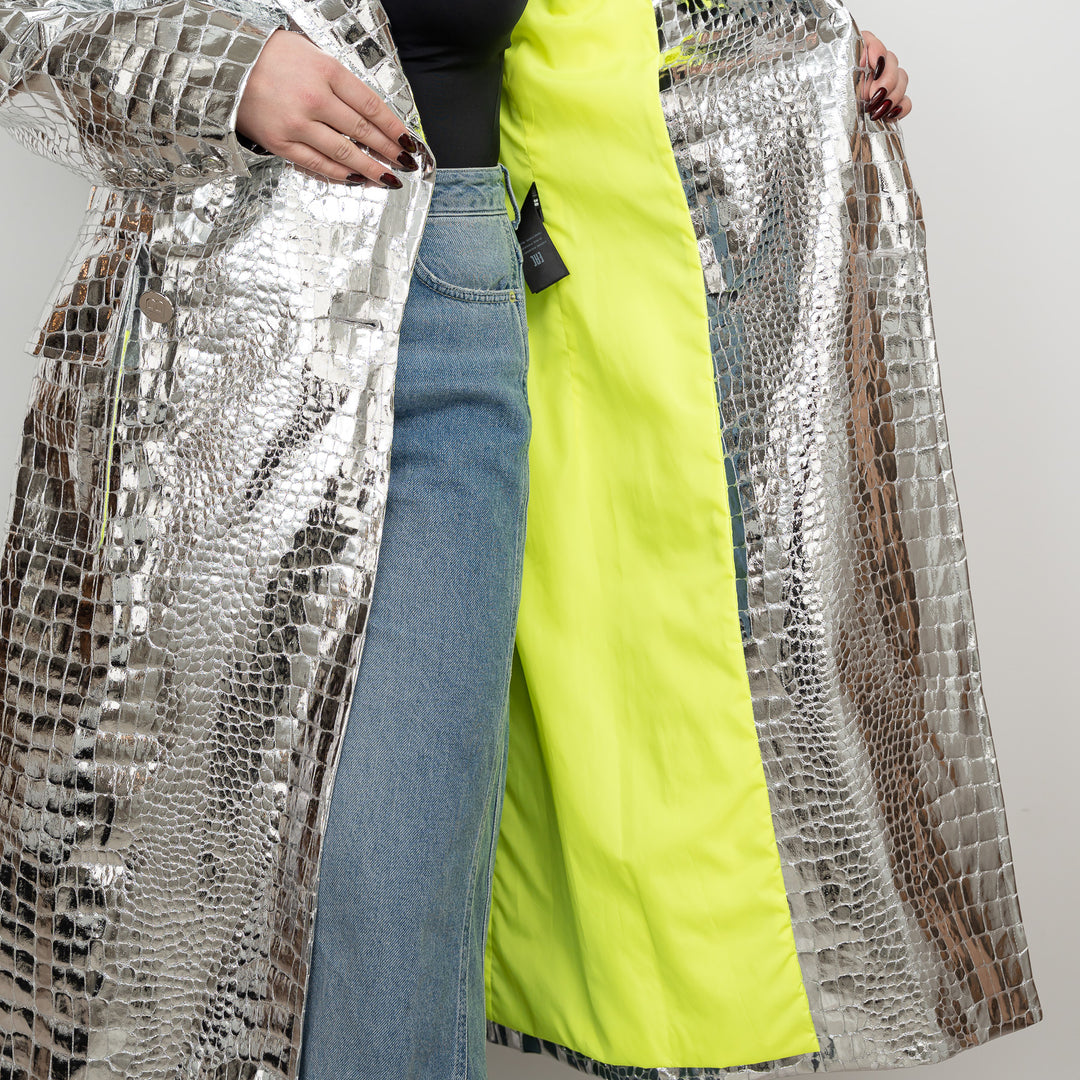 Balmain Metallic Silver Embossed Croc Fabric Trench Coat Size 38