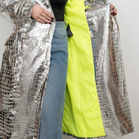 Balman Metallic Silver Embossed Croc Fabric Trench Coat Size 38