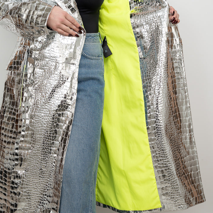 Balmain Metallic Silver Embossed Croc Fabric Trench Coat Size 38