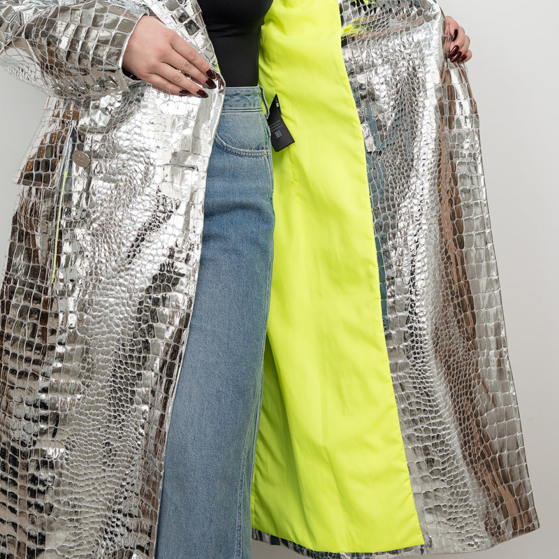 Balman Metallic Silver Embossed Croc Fabric Trench Coat Size 38