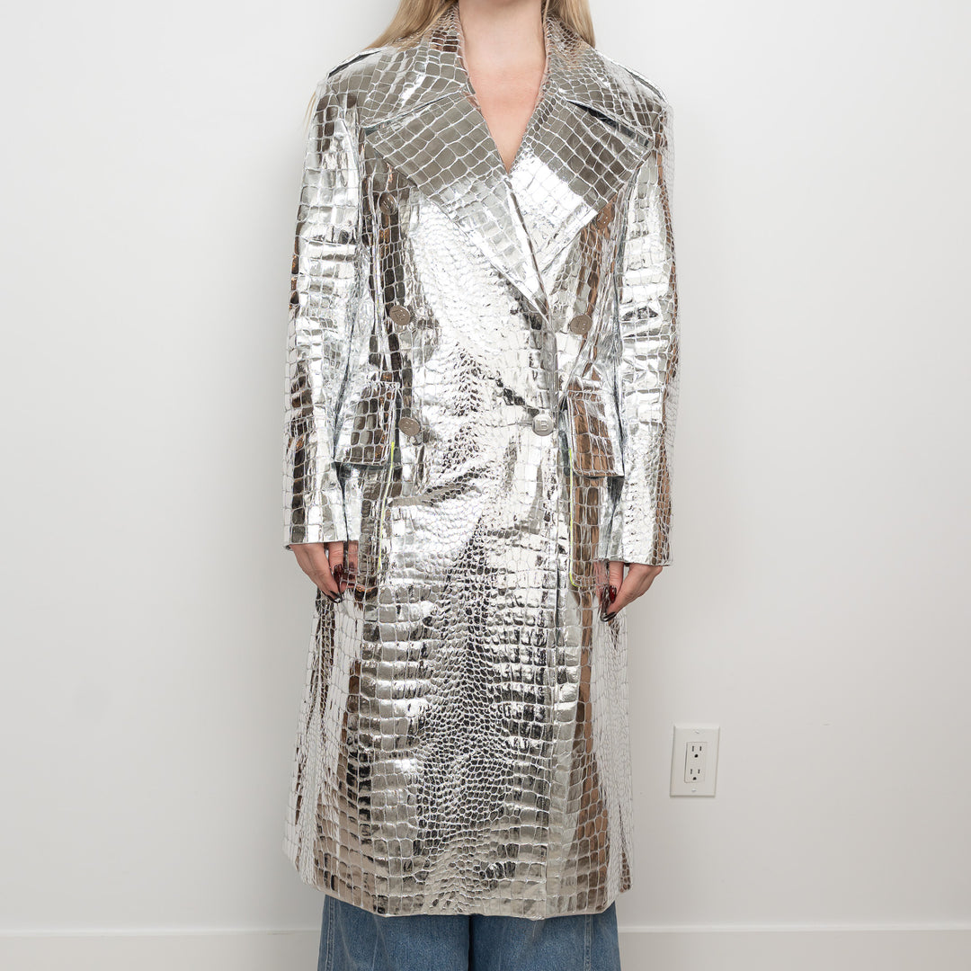 Balmain Metallic Silver Embossed Croc Fabric Trench Coat Size 38
