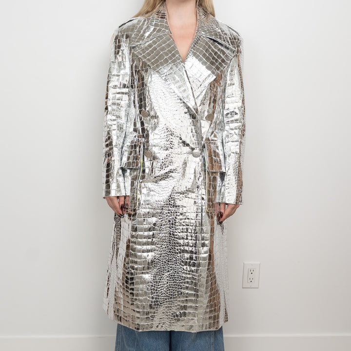 Balmain Metallic Silver Embossed Croc Fabric Trench Coat Size 38