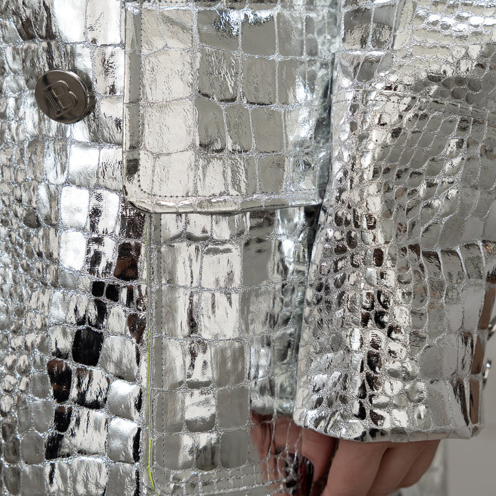 Balmain Metallic Silver Embossed Croc Fabric Trench Coat Size 38