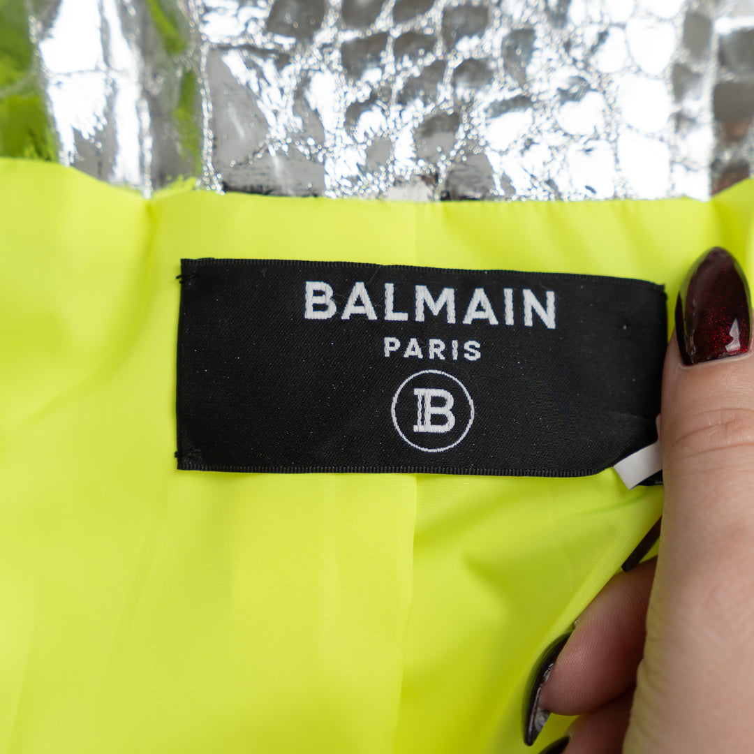 Balmain Metallic Silver Embossed Croc Fabric Trench Coat Size 38