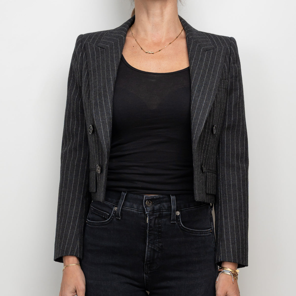 Saint Laurent Grey Wool Pinstripe Cropped Blazer Size 36