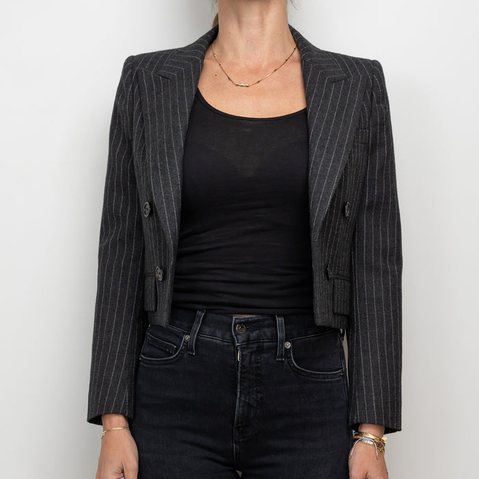 Saint Laurent Grey Wool Pinstripe Cropped Blazer Size 36