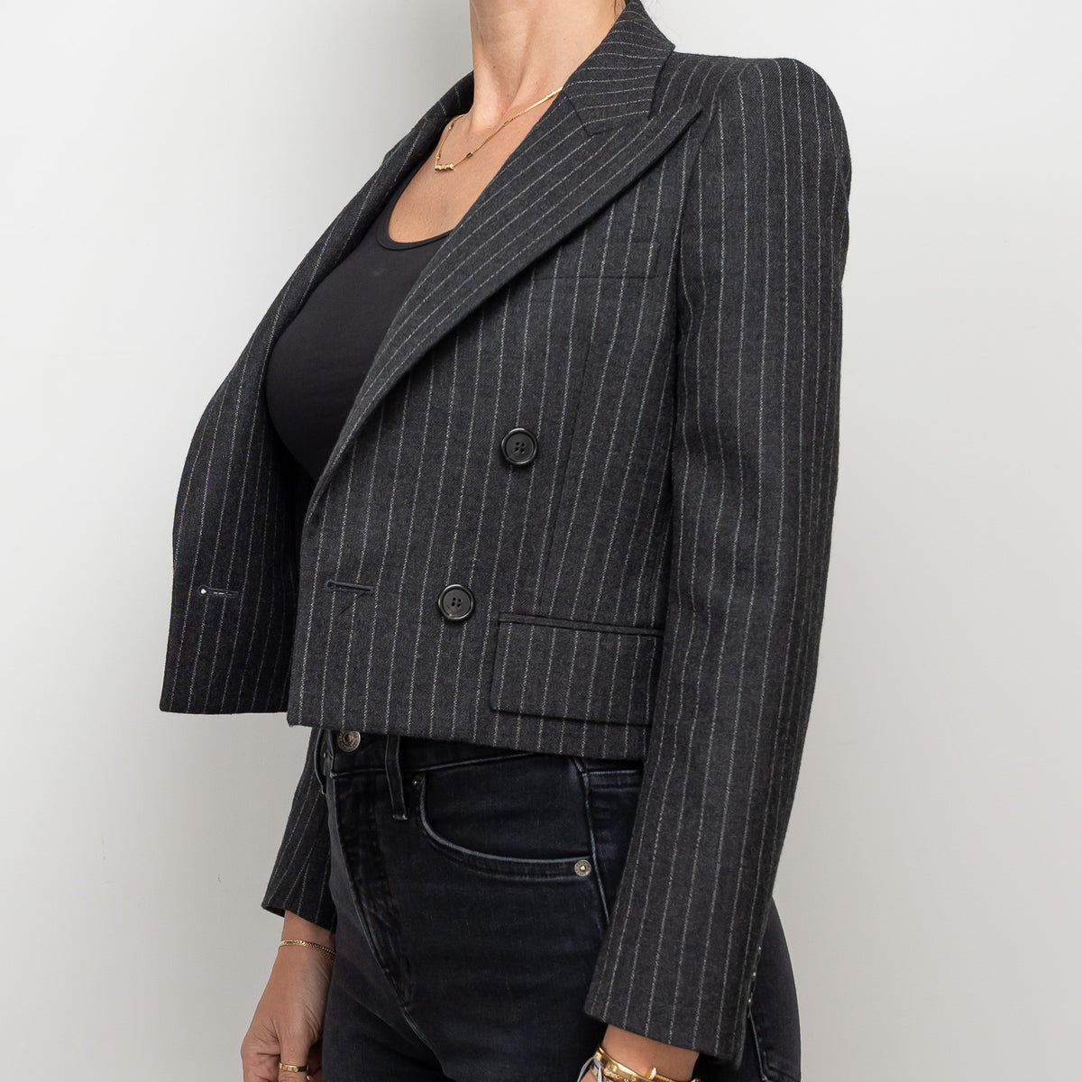 Saint Laurent Grey Wool Pinstripe Cropped Blazer Size 36
