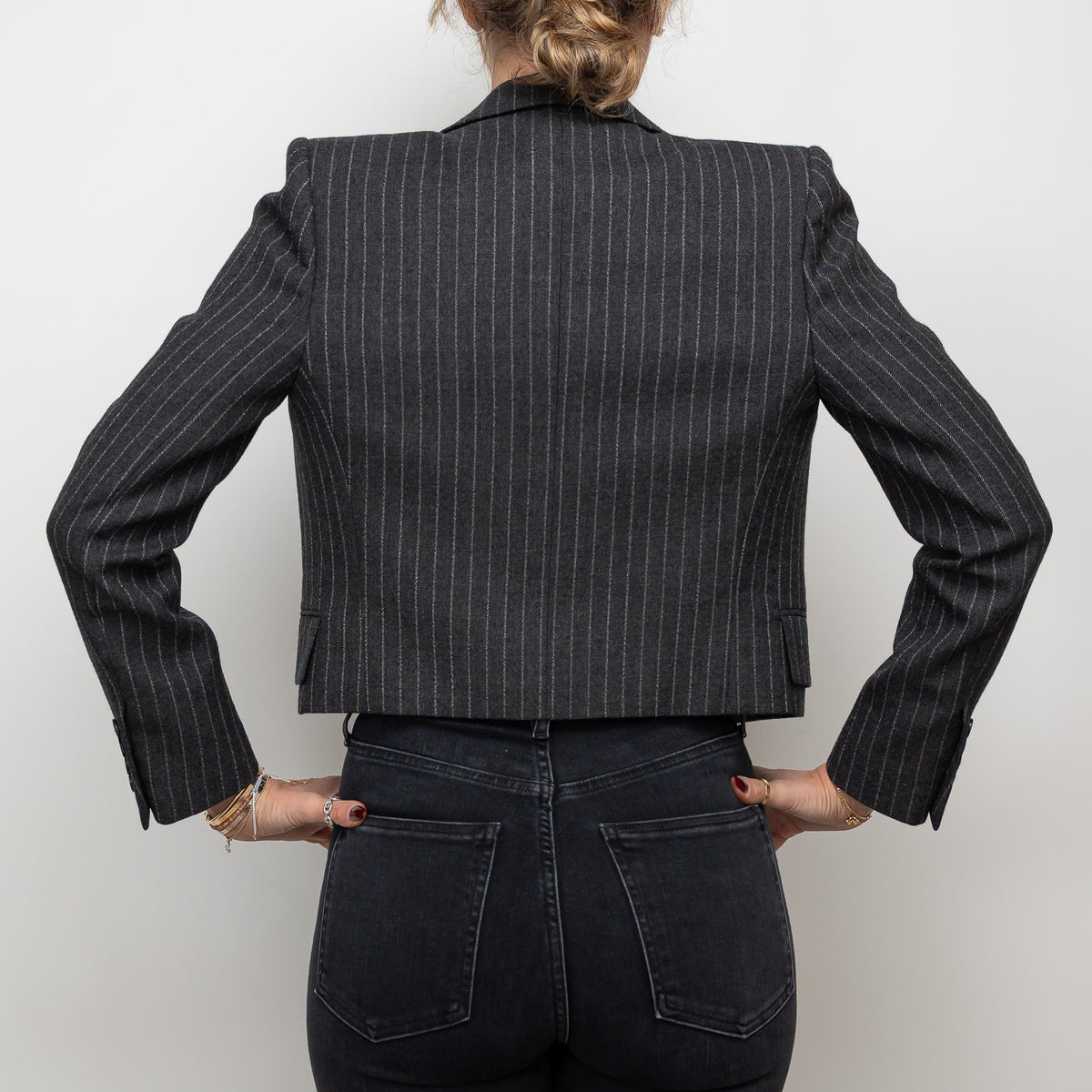 Saint Laurent Grey Wool Pinstripe Cropped Blazer Size 36