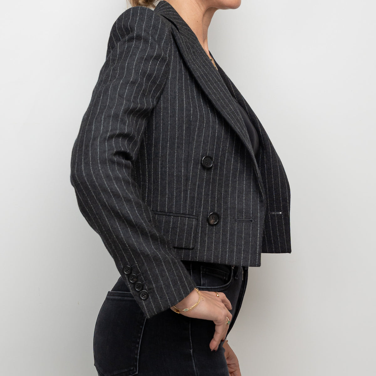 Saint Laurent Grey Wool Pinstripe Cropped Blazer Size 36