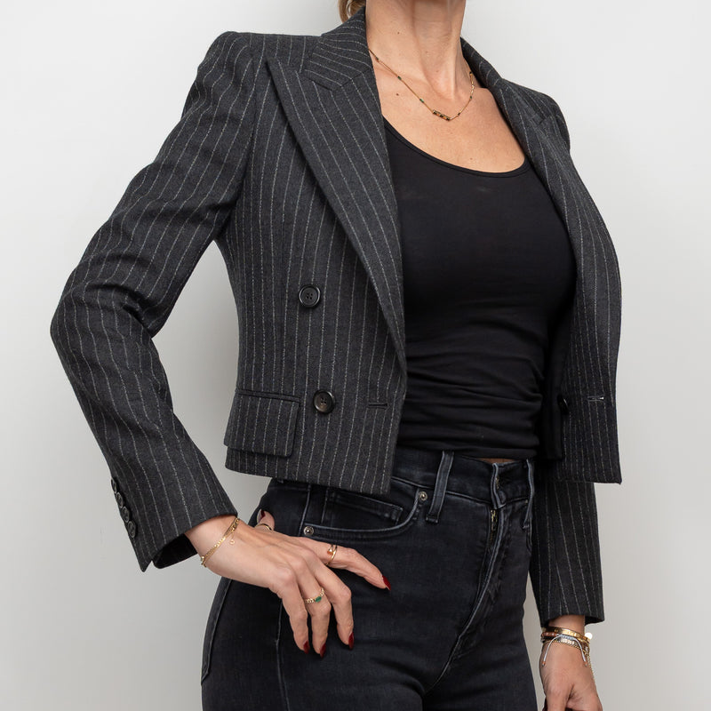 Saint Laurent Grey Wool Pinstripe Cropped Blazer Size 36