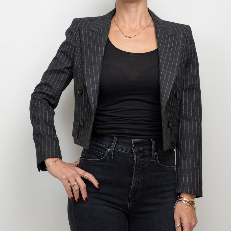 Saint Laurent Grey Wool Pinstripe Cropped Blazer Size 36