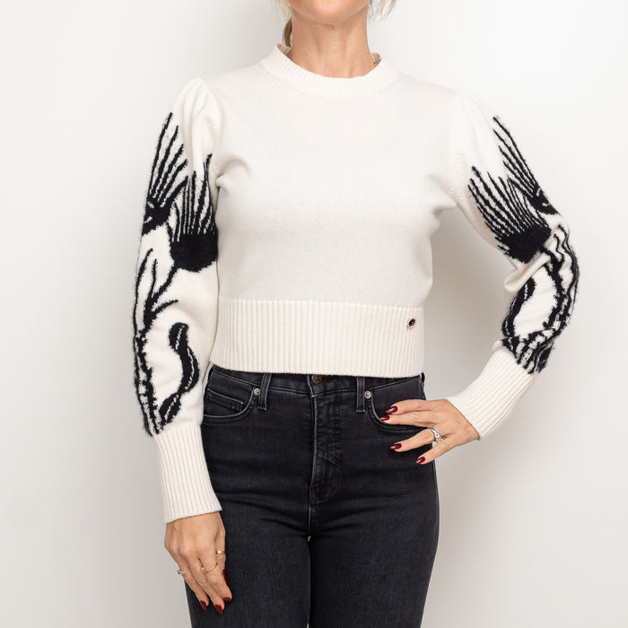 Pre-Loved Chanel™ White Cashmere Sweater with Floral Sleeves Size 36