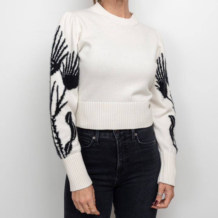 Pre-Loved Chanel™ White Cashmere Sweater with Floral Sleeves Size 36